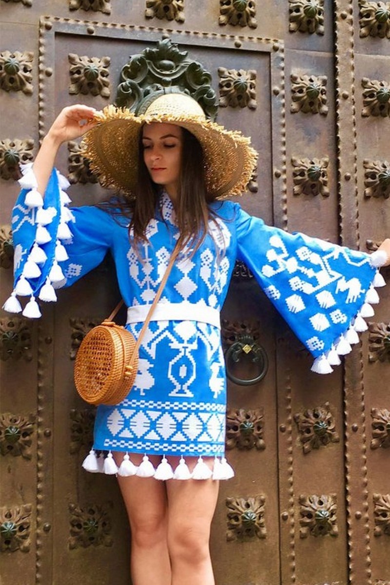 Buy Women`s blue linen boho short vyshivanka dress, unique authentic traditional folk Ukrainian embroidery designer dress